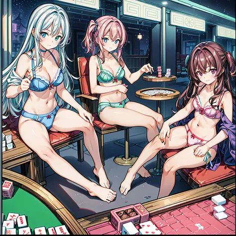 🀄, (undressed mahjong table game), masterpiece, high-quality, high-contrast, high-definition, high-resolution, Realistic anime style, ((beautiful 4 women are playing 4-women mahjong), (they are mahjong players in each chair with Sitting on all sides of a m...