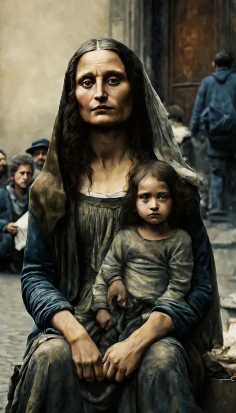 mona lisa homeless, begging on street,1900-1917 --ar 5:7