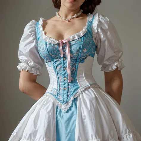 there is a woman wearing a white dress and a blue and white corset, rococo dress, costume with pink accents, dress in the style of rococo, intricate victorian dress, baroque dress, victorian dress, in a high renaissance style, rococo fashion, pink-white dr...