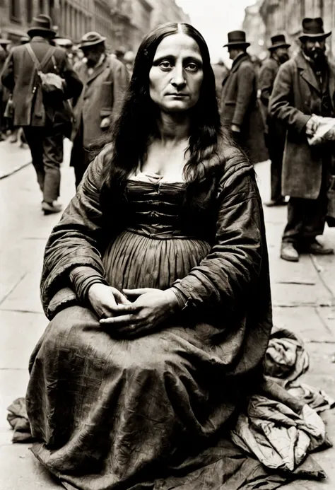 Mona Lisa homeless, begging on street,1900-1917 --ar 5:7
