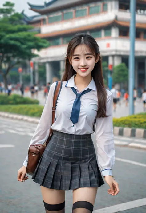 35mm photo, Real photo of Chinese female college student at a crossroads, wearing different clothes. Evening, crossroads, summer, happy, slim, fashionable clothing, short skirts, long legs, long hair, smile, youth, beauty, black stockings, (High detail, ph...