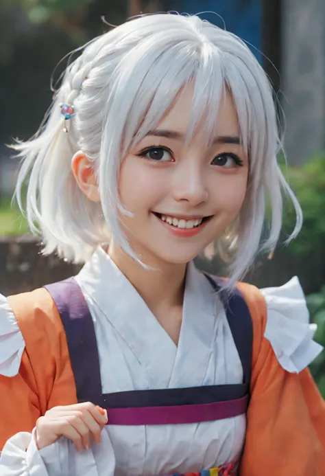 35mm photo, a girl in an anime film with white hair,smile,colorful costumes, (High detail, photograph, realistic), (best quality, masterpiece, Representative work, official art, Professional, 8k:1.3)