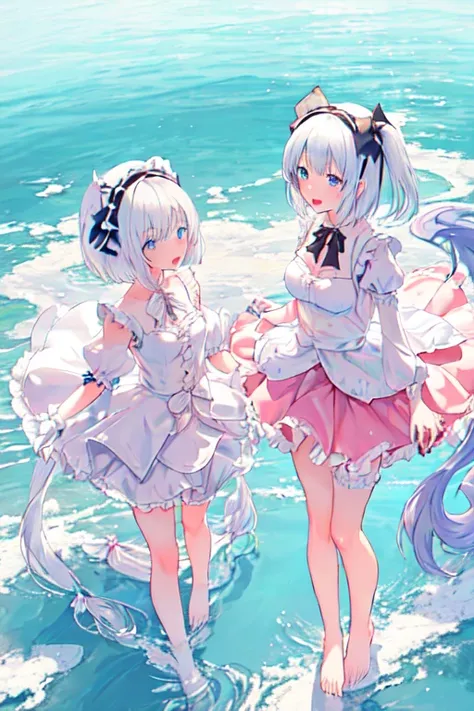 cirno和kirisame_marisa two cute girls，Double ，Looking directly at another person，Two people holding each other with their hands，2 girls on the beach，high resolution、Super detailed artwork，She&#39;s wearing a ridiculous outfit with ridiculous details，Consist...