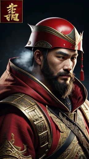 oriental、man in ancient chinese clothes、A man wearing a folded hood、three kingdom、multiple warlords、highest quality、masterpiece、ultra high resolution、(realistic:1.4)、game poster、Clear and beautiful image quality、Red clothes、letters on helmet、beard