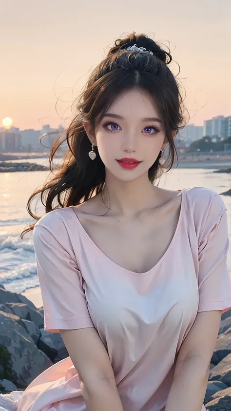 8K resolution，best picture quality，sea view，high-rise，The seaside at dusk，The sea is choppy，Backlight，fashion girl，Loose black hair，Hair up，smooth hair，feather hair accessories，There are collarbones，Beautiful fine light makeup，Exquisite and perfect facial ...