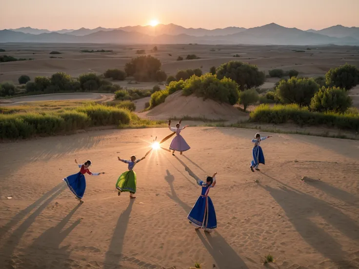 Uzbekistan folk dance pictures，There are people dancing in the middle，Background of sunset，On both sides are local landscape features