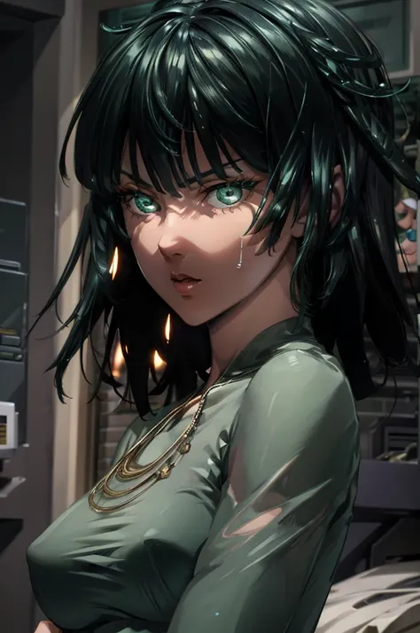 masterpiece, Best quality, (colorful), (Delicate eyes and face.), volumetric light, ray tracing, extremely detailed CG unity 8k wallpaper, tatsumaki, green hair, green eyes, no clothes, captivating pose, looking at spectator, arms crossed, medium breasts