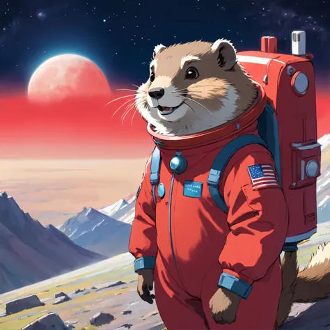 A marmot in a red spacesuit stands on moon，looking at the distance，With a smile，Red spacesuit，Faraway view