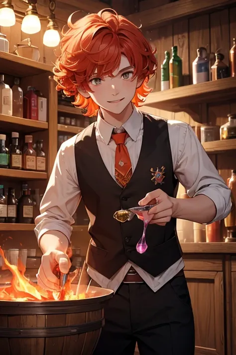 (((Masterpiece))), best quality, ultra-detailed CG unity 8k wallpaper potion shop, a boy with curly red-orange hair is brewing on a cauldron, pink solution inside cauldron, fumes, wearing white shirt, red vest, black pants, caucasian boy, 16 years old, smi...