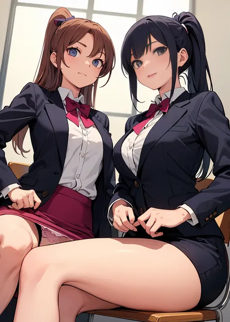 female duo、finely, High resolution, high quality、、perfect dynamic composition, ponytail、beautiful and detailed eyes, from below、from below、sit in a chair at work、sit in a chair、Pink lace panties、Two-handed piece、Two people sit side by side and spread their...