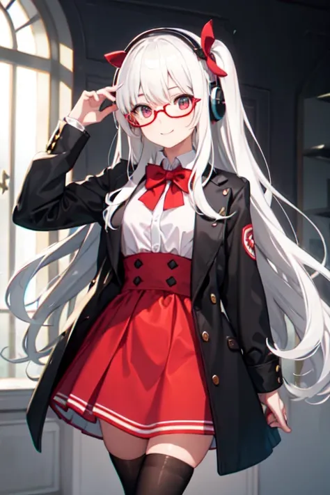 white hair, long hair, wearing a red dress, wearing a white shirt, wearing a black jacket, wearing headphones, wearing a red bow tie, wearing round glasses, pink eyes, cute face, wearing black high socks