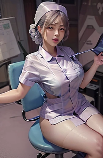 nurse uniform,hospital, latex nurse suit,nurses,busty,elbow gloves,labcoat,silverhair woman,blue eyes , gigantic boobs ,medical instruments,asian nurse,two nurses,speculum,examination room,oversize boobs, ,big ass ,strap on, lay on table ,legs spreaded,giv...