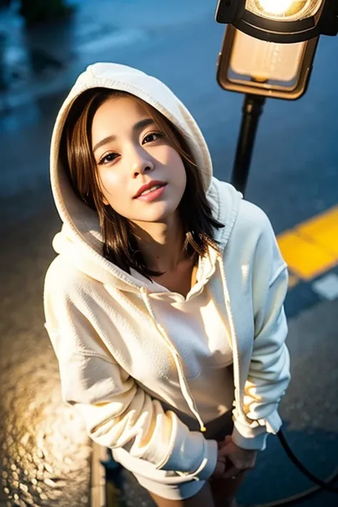 The theme is smiles、(highest quality、masterpiece:1.2)、(((from directly above)))、fisheye lens、rough skin, cinematic、dynamic pose、26 year old beautiful woman with brown hair、(((white hoodie)))、look up、(Streetlight background:1.3)、sony a7,3.5mm lens shooting、...