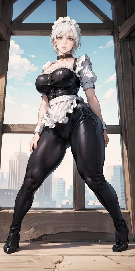 White hair , short hair, pinched eyes, (big-:1.5) , Thin legs, thin body, leather collar, Maid outfit victorian, dynamic pose, full body, View from below, wide hips, Kneeling