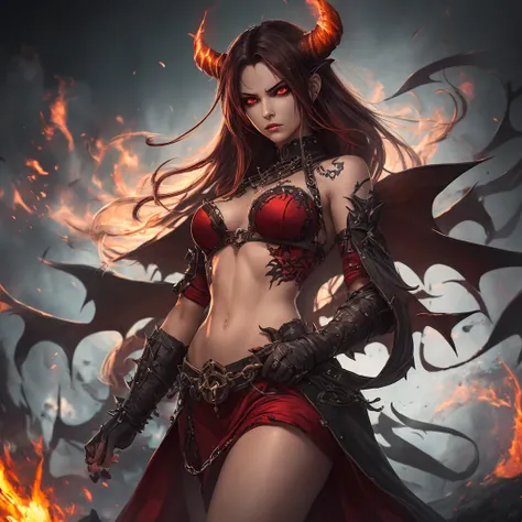 (best quality,4k,8k,highres,masterpiece:1.2),ultra-detailed,(realistic,photorealistic,photo-realistic:1.37),Female succubus,3d, Demon girl,A teenage demon,Fiery and Brimstone Chaos,red-skinned female,sharp teeth,piercing eyes,curved horns,tattered black wi...