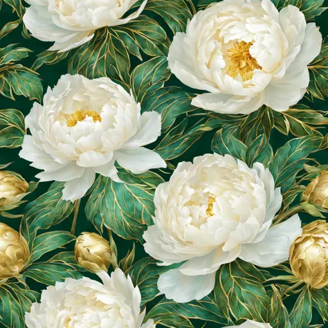 Beautiful pattern of shimmering terry white peonies, lots of leaves, green, emerald, gold, glow, digital painting, filigre fine detail, hyper-detailing, hyper-realism, high definition, bright and juicy, 128k