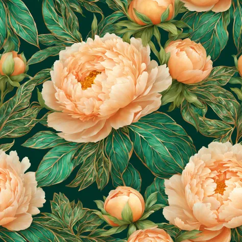 Beautiful pattern of shimmering terry peach peonies, lots of leaves, green, emerald, gold, glow, digital painting, filigre fine detail, hyper-detailing, hyper-realism, high definition, bright and juicy, 128k