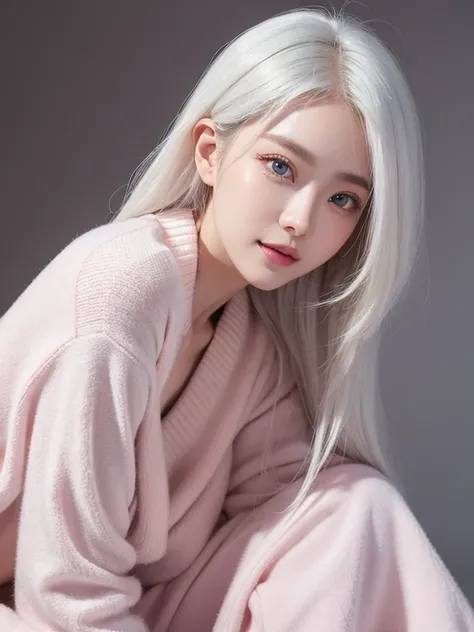 best image quality、RAW photo、ultra high resolution、21 years old Korean、small breasts、dynamic angle、cowboy shot、The most beautiful forms of chaos、elegant、innovative design、innovative design、Bright colors、beautiful white hair、short bob、smile、glossy white ski...