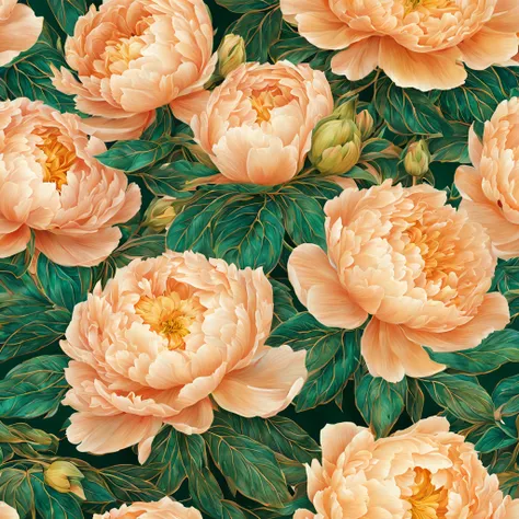 Beautiful pattern of shimmering terry peach peonies, lots of leaves, green, emerald, gold, glow, digital painting, filigre fine detail, hyper-detailing, hyper-realism, high definition, bright and juicy, 128k