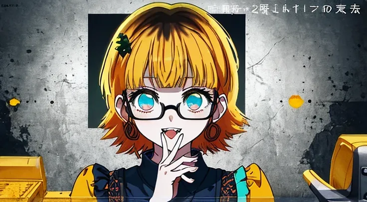 (((dramatic))), (((intense)))) The movie poster features as the central character. She is shy in the center of the poster, ワンピース clothing, Hair is blue、Wear glasses、double teeth、The smile and the determined look on her face. The background is dark and ザラザラ...