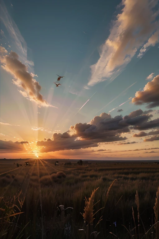 The colorful sky in the evening, the setting sun, the tall reeds drifting in the wind, and the scattered clouds flying in a circle of wild geese in the distance.