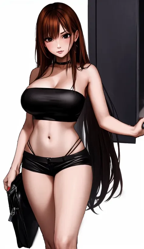 A beautiful adult woman with shoulder-length big breasts, beautiful legs, and a sharp face is standing seducing a middle-aged man in a suit wearing a black tube top that exposes her navel and hot pants shaped like black panties.。