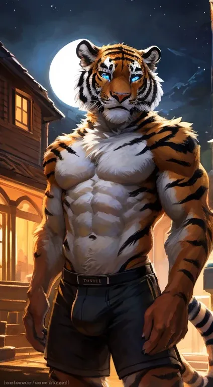 Tiger male, full body covered in fluffy fur, , big muscular chest, volumetric abs, day, , detailed, uploaded to e621, beautiful and detailed portrait of an anthropomorphic white tiger (((male))) kenket, ross tran, ruan jia, uploaded to e621, zaush, foxovh,...