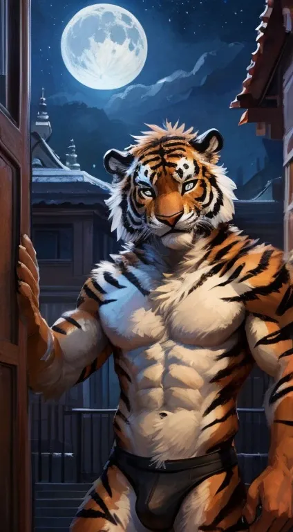 Tiger male, full body covered in fluffy fur, , big muscular chest, volumetric abs, day, , detailed, uploaded to e621, beautiful and detailed portrait of an anthropomorphic white tiger (((male))) kenket, ross tran, ruan jia, uploaded to e621, zaush, foxovh,...