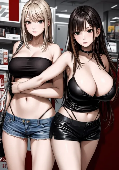 A beautiful adult woman with shoulder-length big breasts, beautiful legs, and a sharp face is standing with a middle-aged man working at a supermarket in a black tube top that exposes her navel and hot pants shaped like black panties.。