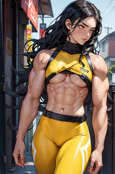 ((((((1 girl)))))), black hair, yellow eyes, very long hair, ((((((muscular)))))), tall, pale skin, (underboob and leggings), (solo), (seductive expression), cowboy shot, wavy hair