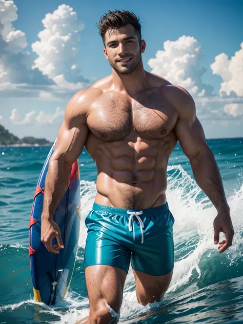 8k，8K resolution，2 Muscular Europeans, handsome man，charming eyes，rough real skin,beautiful, smooth and shiny，Full muscles，Thick body hair， (Wearing fashionable swimming trunks)，big bag，emphasize，(sea board surfing)，Two men smiling happily，sea board surfin...