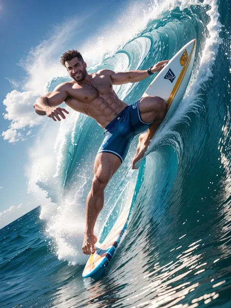 8k，8K resolution，2 Muscular Europeans, handsome man，charming eyes，rough real skin,beautiful, smooth and shiny，Full muscles，Thick body hair， (Wearing fashionable swimming trunks)，big bag，emphasize，(sea board surfing)，Two men smiling happily，sea board surfin...