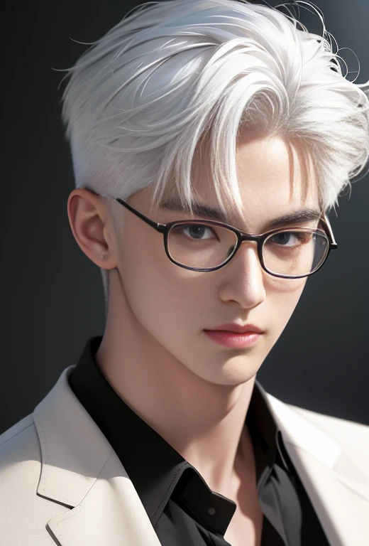 ((High quality)), ((masterpiece)), ((highly detailed)), perfect face, realistic, ((man)), ((Asian)), white hair, comma hair cut style, ((handsome)), detailed eyes, beautiful detailed nose, realistic body, realistic light, comfortable expressions, cute guy,...