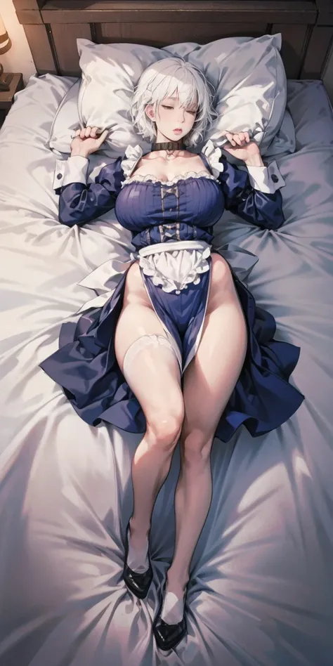 White hair , short hair, pinched eyes, (big-:1.5) , Thin legs, thin body, leather collar, Maid outfit victorian, dynamic pose, full body, View from below, wide hips, sleeping on bed
