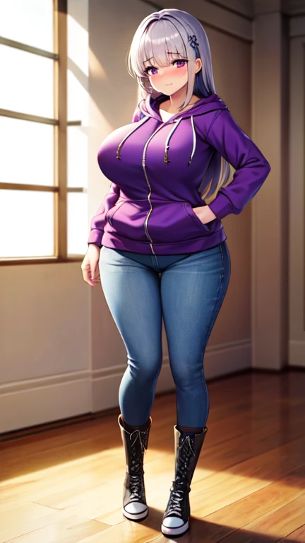 5 foot 5 inch Anime girl wearing a purple shirt with a red zip up hoodie, blue jeans, and black knee high lace up converse boots with round toes, Large breasts, thick thighs, cute, full body image, silver long hair, purple eyes, quality images, (high quali...