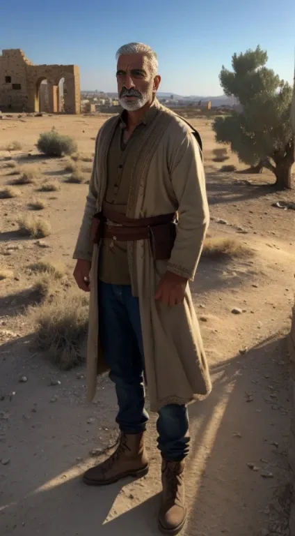 (masterpiece, ultra high res, illustration, detailed:1.3), fearless Palestinian man, (weathered clothing:1.2), standing amidst historic ruins, ancient olive trees in the background, defiance etched on face, golden hour sunlight, dust-filled air, echoes of ...