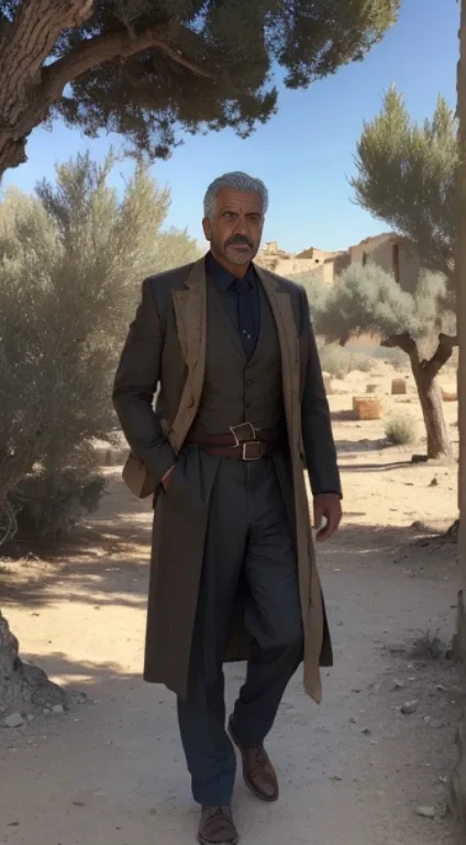 (masterpiece, ultra high res, illustration, detailed:1.3), fearless Palestinian man, (weathered clothing:1.2), standing amidst historic ruins, ancient olive trees in the background, defiance etched on face, golden hour sunlight, dust-filled air, echoes of ...