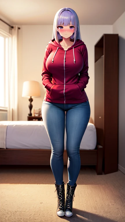 5 foot 5 inch Anime girl wearing a purple shirt under a red zip up hoodie, blue jeans, and black knee high lace up converse boots with round toes, Large breasts, thick thighs, cute, full body image, silver long hair, purple eyes, quality images, (high qual...