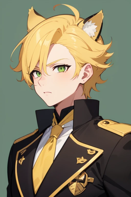 1boy. young 17-22 year old male. Sage green eyes, Golden yellow hair. Atop his head he has ocelot ears that are also the same yellow colour as his hair. His hair and ears both have ocelot markings. Does not have human ears. Childish. Wears fancy/elegant cl...