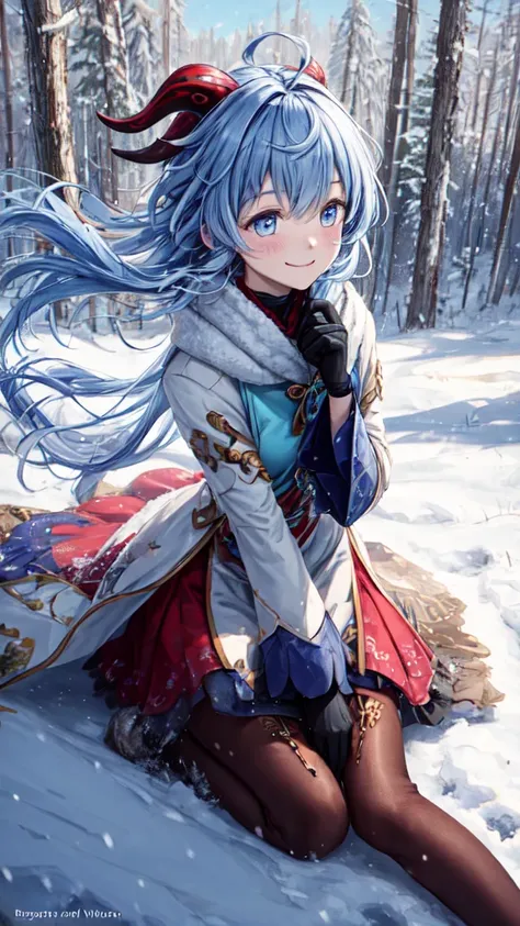 Top quality, 4K, 8K, high resolution, masterpiece: 1.2, ganyu, stupid hair, Kirin horn, beautiful young woman, snow-covered countryside, winter scenery, winter coat, long coat, beautiful winter boots, gloves, nudist, happy, natural beauty, long Light blue ...