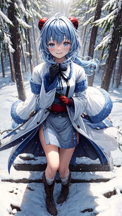 Top quality, 4K, 8K, high resolution, masterpiece: 1.2, ganyu, stupid hair, Kirin horn, beautiful young woman, snow-covered countryside, winter scenery, winter coat, long coat, beautiful winter boots, gloves, nudist, happy, natural beauty, long Light blue ...