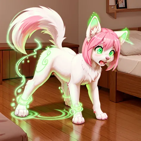 shocked and scared feral Female dog with White fur and pink hairs and glowing Green eyes standing on all fours there are some traces of magic floating around her she is in a bedroom