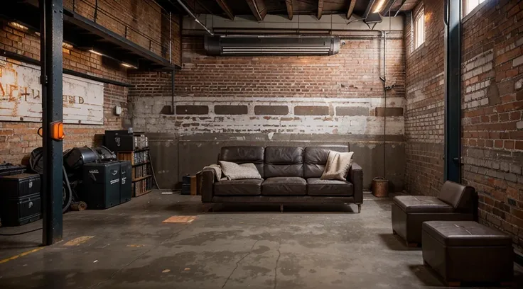 "Candid shot", "Industrial chic", "Converted warehouse music studio", "Piano amidst exposed brick walls and metal beams", "Concrete, Leather, Metal accents", "Raw and edgy textures with a mix of vintage and modern elements", "Neutral tones with pops of ind...