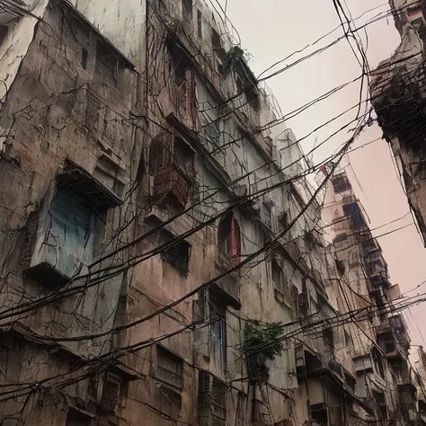 arafly tall building with many windows and a lot of wires, wires everywhere, wires hanging down everywhere, wires hanging above street, the neat and dense buildings, streets of calcutta, wires hanging across windows, old dhaka, many wires, wires hanging, s...