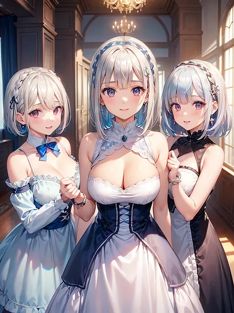 three girls, looking at the viewer, indoors, jewelry, bangs, dress, earrings, Nice details, shining eyes, nice background,
masterpiece, highest quality, super detailed, 
Re Zero (Rem(short hair,blue hair),rum(pink hair, short hair),emilia(silver hair, long...