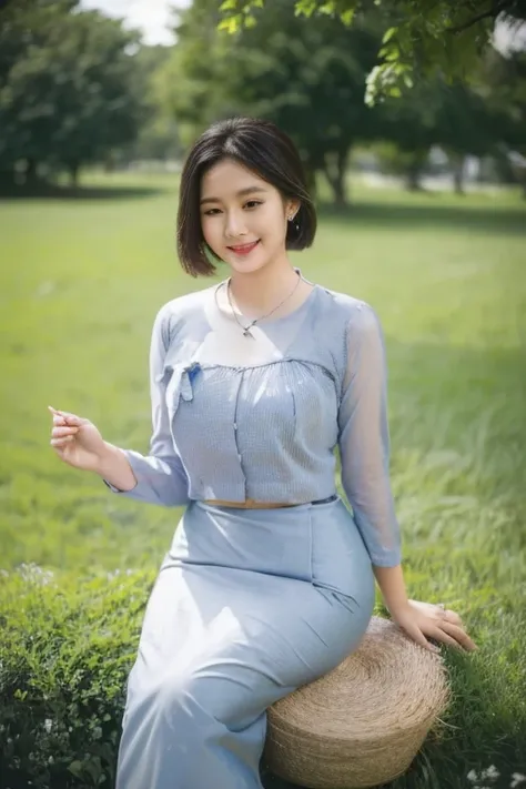 (realistic:1.3), insane detailed, quality, (masterpiece:1.2), (photorealistic:1.2), (best quality), (detailed skin:1.3), (intricate details), ray tracing, ((half body)), (((1girl))), (((1 person))), 20 years old, short hair, smile, blue dress, skirt with p...