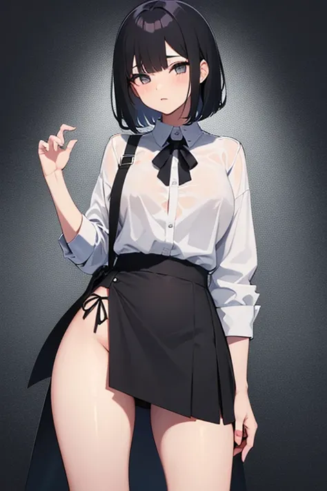 High school girl with thick thighs, double slit skirt, short bob, black hair, no panties, bare legs