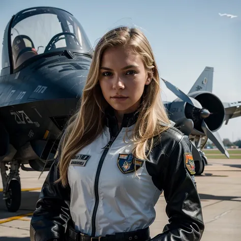 Beautiful young girl, slender, perfect face, perfect skin, blonde, Nordic, military pilot uniform, next to an f17 fighter plane, very realistic, photographic appearance, very detailed, RAW style.