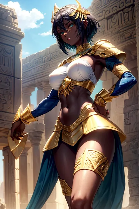 Mesopotamian goddess (dark skin) (1 girl) (short white hair) (green eyes) (HD) (masterpiece) (toned and slender body with perfect breasts) (warrior armor and mesopotamian clothing of gold with blue color) (seductive pose) (Mesopotamian ruins) (day sky)