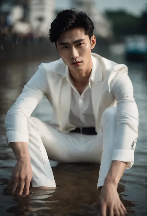 Korean male model.Young age.high.The nose is high and slender..Wet from the rain.white thin pants.Clear water.handsome face.The picture is sharp and beautiful.